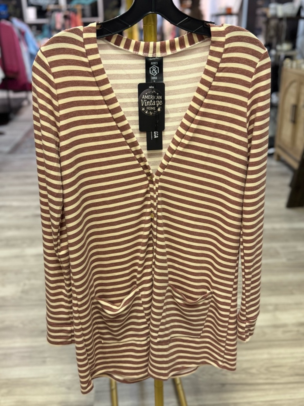 Agnes & Dora Striped V-Neck Tunic in Brown and Cream